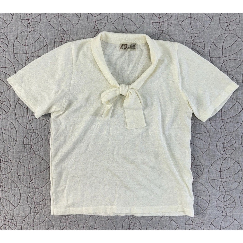 VTG Tricotex Castello Knit Top Cream Short Sleeve Tie Neck Guatemala Made Sz S
